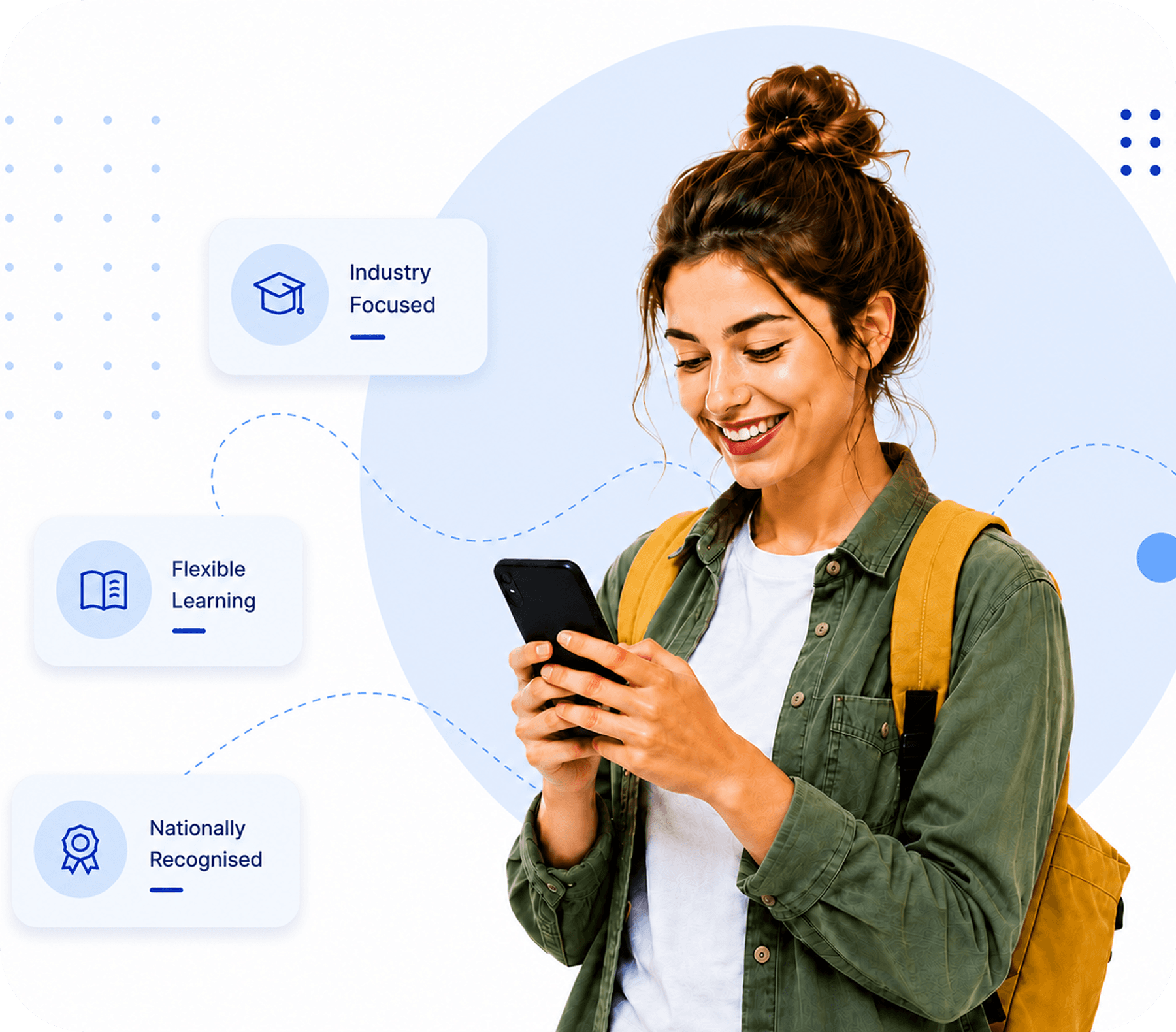 Student using phone with feature highlights